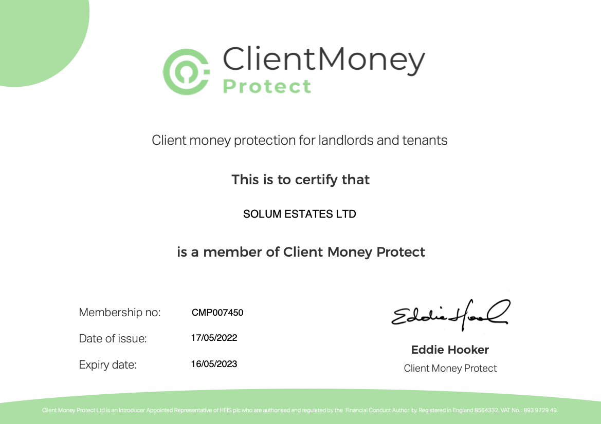 Solum Estates Client Money Protection Certificate
